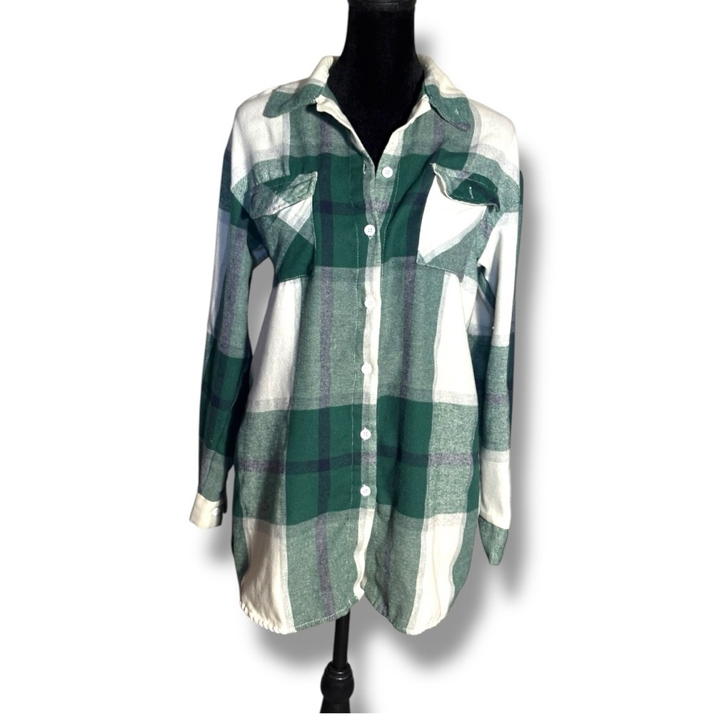 Shein Plaid Flannel Green and White Button-Up Womens Long Sleeve Shirt - Picture 2 of 15